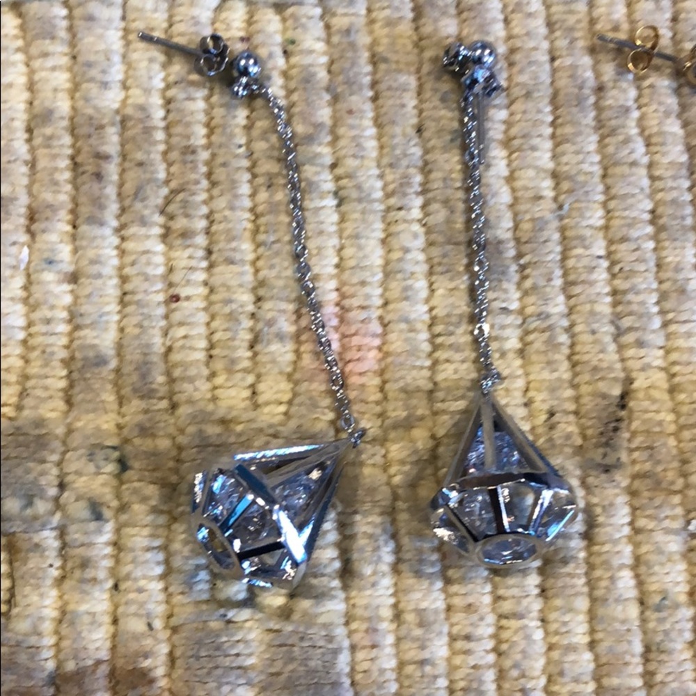 Silver Diamond Dangle Post Earrings - image 1